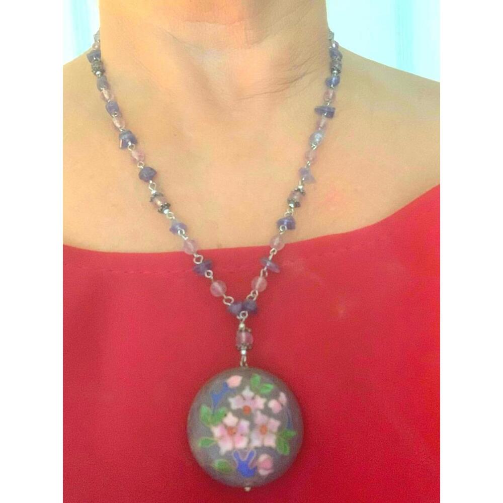 Vintage Cloisonné Pendant Necklace Purple Glass Stone Beads Floral Enamel 18-20"